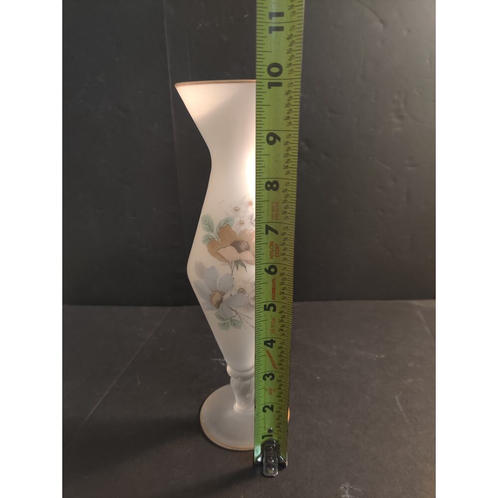 Vintage Frosted Satin Glass Hand Painted Floral Bud Vase Gold Trim - Picture 13 of 13